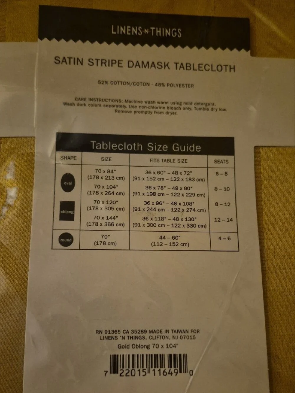 Damask Satin Stripe Gold Tablecloth - Oblong